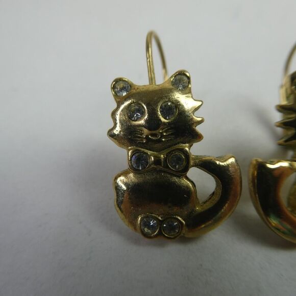 Gold Tone Kitty Cat Kitten Rhinestone Drop Lever Back Pierced Earrings Kitties - Picture 2 of 6